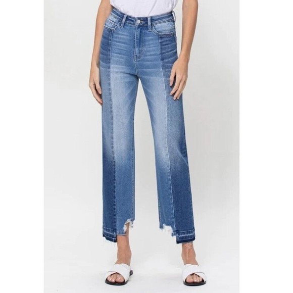 FLYING MONKEY Super High Rise Cropped Contrast Panel Straight Jeans 29-30-31 - Picture 1 of 6